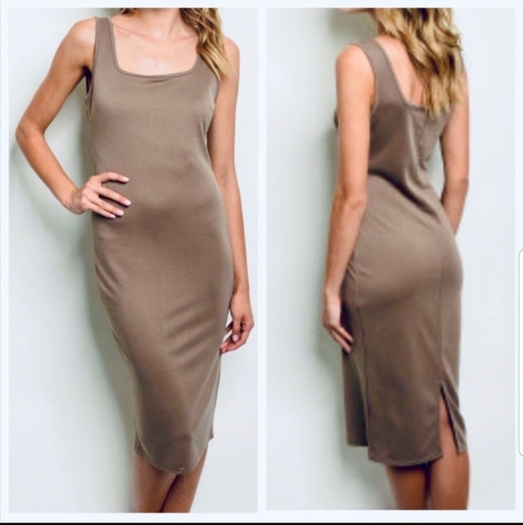 ONE SMALL LEFT! Chic nude sleeveless midi dress - Picture 2 of 4